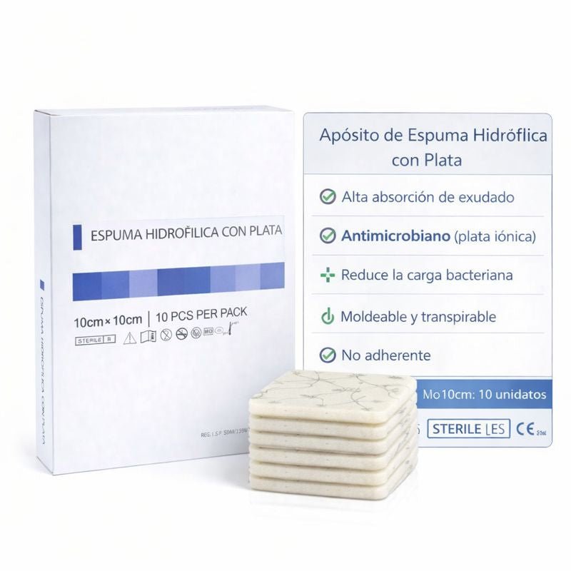 Apósito espuma hidrofilica con plata 10 x 10 cm ( caja 10 unidades) - INDUMEDICAL